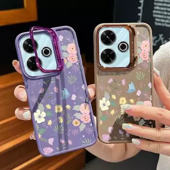 Fashion Flower Pattern Camera Stand Phone Case for Xiaomi Poco X6 X5 Pro Redmi Note 13 11 10 Pro 12 Shockproof Candy Color Soft Tpu Slim Back Cover Redmi Note 13 4G чёрный