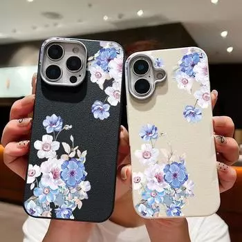 Fashion Flower Pattern Leather Texture Slim Case for iPhone 16 Pro Max 15 Pro 14 Plus 13 12 11 Tpu Soft Shockproof Matte Solid Color Phone Cover iPhone 16 чёрный