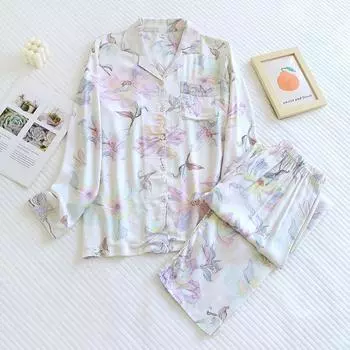 Fashion Flower Silky Pajamas Sets Women Summer Sleepwear LAong-sleeve High Quality Pyjamas M