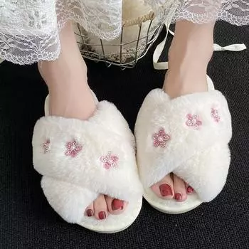 Fashion Flowers Women s Fluffy Slippers Winter Peep Toe Warm Faux Fur House Slippers Woman Coss Strap Soft Plush Home Slides 36-37 чёрный