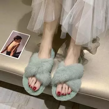 Fashion Fluffy Fur Slippers Shoes Women Flip Flop Flat Furry Fur Slides Outdoor Sandals Woman Cross Slides Ladies Soft Plush Slippers 35 зелёный