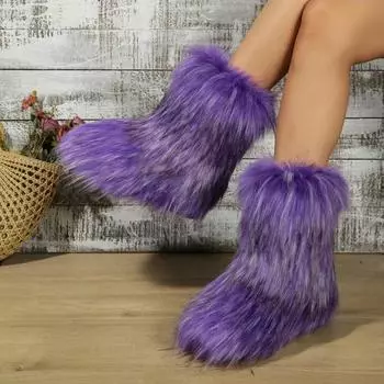 мода Пушистые полусапожки зимние женские модные зимние сапоги теплые хлопковые туфли женские сапоги 36 фиолетовый