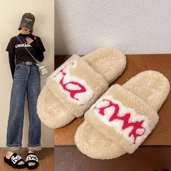 Fashion Fluffy Slippers Women Wear Autumn Winter 2024 New Niche Letters Home Flat Word Cotton Slippers 35 серый