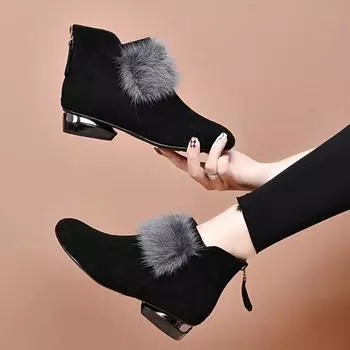 Fashion fluffy women s boots autumn and winter new sheepskin mink hair round head high heel fashion boots velvet women s short boots 35