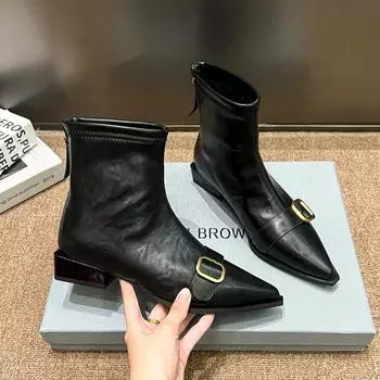 Fashion Footwear Black Short Shoes for Women Elegant with Low Heels Booties Work Female Ankle Boots Pointed Toe Designer Luxury Autumn 35 чёрный