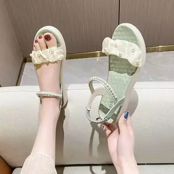 Fashion Footwear One Word Sandals for Woman Platform Women s Shoes Lace Summer 2024 Rhinestones with Low Heels Diamond Green on Offer F 35