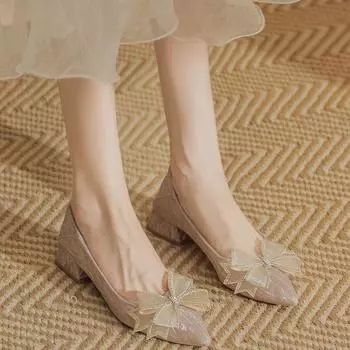 Fashion French Gentle Bridesmaid Wedding Shoes 2024 Daily Wearable Bow Decorative High Heels Comfortable and Elegant Single Shoes Trafza 35 серебряный