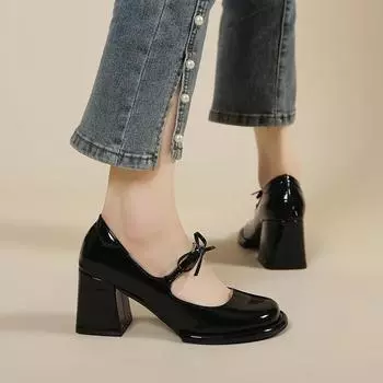 Fashion French High Heel Women Shoe 2024 Spring New Retro Red Platform Leather Shoe Elegant Woman Heeled Shoe Party Wedding Casual 34 чёрный