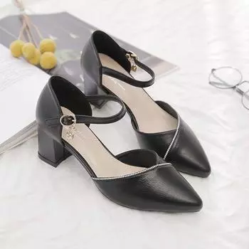 Модные французские туфли на толстом каблуке с острыми краями на среднем каблуке 2024 года, новые модные повседневные простые универсальные туфли на высоком каблуке Baotou для женщин, летнее время 34 покинуть белый