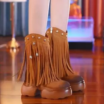 Fashion Fringe Ankle Boots Women Platform Heels Shoes 2025 New Suede High Heels Fashion Square Toe Autumn Women s Boots Goth Botas Mujer 35 чёрный