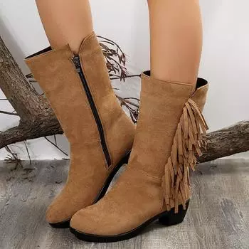 Fashion Fringe Knee High Boots Women Autumn Winter Brown Western Cowboy Boots Woman Med Heels Short Plush Warm Long Botas Mujer 35 коричневый