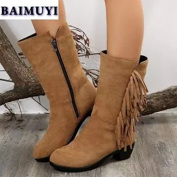 fashion Fringe Women Snow High Boots High Heels Shoes 2025 Trend Suede Chunky Zipper Mid-calf Chelsea Boots Casual Pumps Mujer Botas 35 имбирный