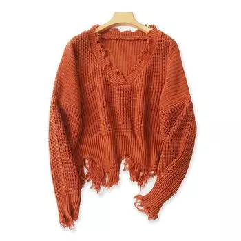 Fashion Fringed Burr V-neck Sweater Spring & Fall New Long Sleeve Sweater Easiest for Match Slim Looking Female Foreign Orders Tops 13423 Caramel All yards