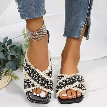 Модные сандалии с бахромой, плоские тапочки, сандалии с жемчугом, женские туфли с квадратным носком и открытым носком, повседневная обувь 2024 года, новые летние женские тапочки 35 чёрный