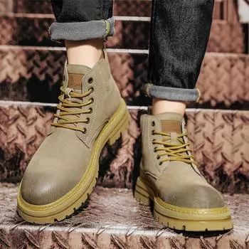 Fashion Frosted men s shoes Thick bottomed high-quality genuine leather Outdoor leisure party Daily office motorcycle men s boots 39 хаки