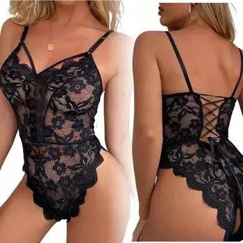 FASHION Fun lingerie passionate temptation lace suspender with open crotch sexy perspective backless jumpsuit for women L