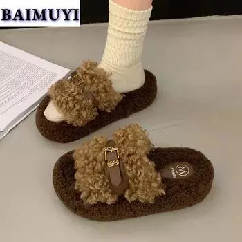 мода Меховые Шлепанцы Платформа Женские Шлепанцы Слингбэк Обувь Тренд 2025 Открытый Носок Короткий Плюш Хлопковые Ботинки Повседневная Ходьба Mujer Zapatillas 35 бежевый
