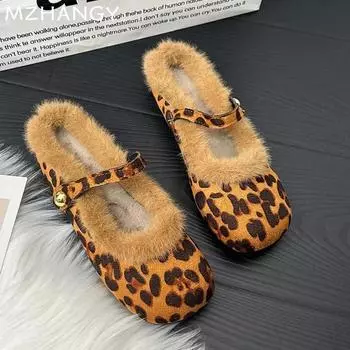 Fashion Fur Leopard Women Slippers Flats Casual Cotton Shoes Winter 2025 Trend Fashion Home Flip Flops Cozy Warm New Mujer Snow Botas 35 цветной печати леопарда