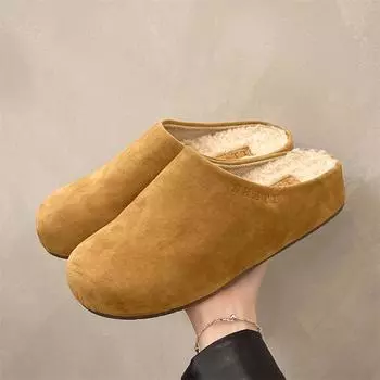 Fashion Fur Suede Clogs For Women Fashion Winter Slippers Cork Footbed Plush Short Plush Shoes Women Comfortable non slip Boken shoes 35 абрикосовый