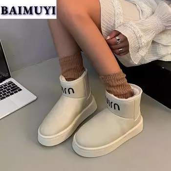 Fashion Fur Warm Cotton Shoes Women Flats Platform Ankle Snow Boots Woman 2025 Classic Brand Winter Plush Cozy Casual Waterproof Botas 35 бежевый