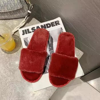 Модные меховые женские тапочки, зимние, новые модные плюшевые шлепанцы с мелким носком для дома и улицы, повседневные шлепанцы для спальни, однотонные, на плоской подошве 36-37 белый