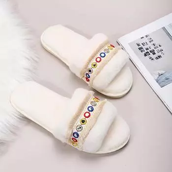 Модные пушистые тапочки 2024 года, осень, новые женские домашние тапочки из хлопка с открытым носком, женские повседневные мягкие домашние теплые тапочки на плоской подошве Pantufa Feminina 36 белый