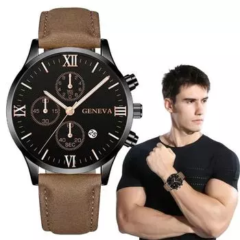 Fashion Geneva Men Three Eyes Date Alloy Case Synthetic Leather Analog Quartz Sport Watch for Sports Running Business Work