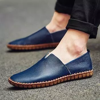 Fashion Genuine Cow Leather Mens Loafers Fashion Handmade Moccasins Soft Leather Blue Slip On Men s Boat Shoe PLUS SIZE 38~47 39