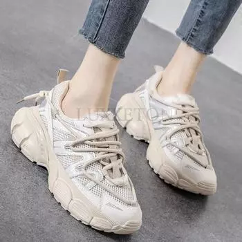 Мода Натуральная Кожа Осень Новая Мода Завязывается Круглый Носок Губка Туфли Толстые Подошвы Универсальные Увеличивающие Рост Спортивная Обувь Для Женщин 35