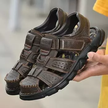 fashion Genuine Leather Casual Shoes For Men High Quality Classic Men Summer Outdoor Walking Men Sneakers Breathable Men Sandalsgh4 38 чёрный