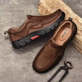 Fashion Genuine Leather Loafers for Men Casual Shoes Retro Slip On Business Shoes Comfy Breathable Men Sneakers Soft Bottom Driving Shoe 38 светло-коричневого