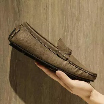 Fashion Genuine Leather Loafers Mens Design Moccasin Fashion Slip on Soft Flats Classic Male Casual Footwear Handmade Outdoor Boat Shoes 38 коричневый