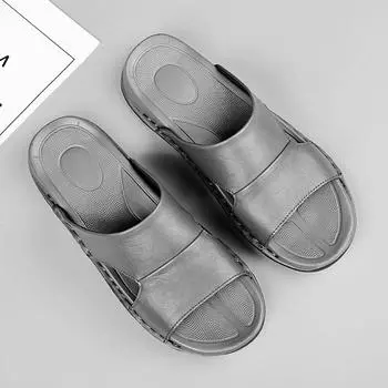 Fashion Genuine Leather Male Slippers Simple Beach Half Drag Lightweight Casual Flats Slip on Mens Lazy Shoes Outdoor Summer Men Sandals 38 серый