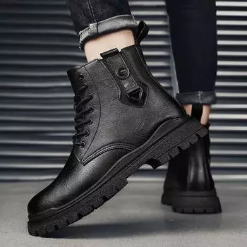 Fashion Genuine Leather Men s Boots Round Toe Winter Designer British Casual Leather Boot Fashion High Top Lace-Up Black Platform Boots 38