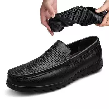 Fashion Genuine Leather Men s Casual Shoes Hollow Hole Business Loafers Men Mocassin Comfortable Slip-On Walking Driving Shoes Men San 37 чёрный