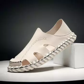 Fashion Genuine Leather Men s Sandals Durable Handmade Beach Shoes Anti-collision Toe Mens Summer Flats Non Slip Indoor Outdoor Sandals 38 бежевый