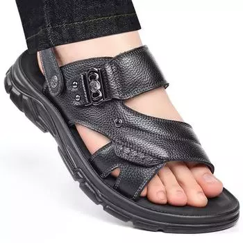 Fashion Genuine Leather Men Sandals Summer New Outdoor Sneakers Casual sandalias Cowhide Beach Men Shoes Two Uses Men s sandals Slippers 38 хаки