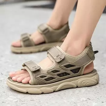 Fashion Genuine Leather Men Sandals Summer Outdoor Non-slip Hiking Trekking Shoes for Men Beach Slippers Casual Sneakers men flats 6.5 бежевый