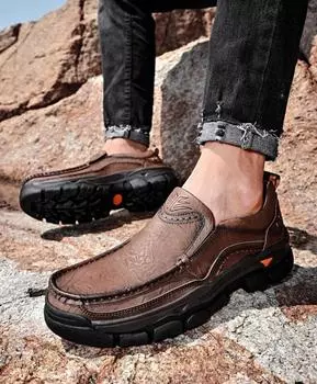 Fashion Genuine Leather Men Shoes Casual Outdoor Slip On Loafers Men Leather Shoes Flats Moccasins Walking Shoes Non-Slip Dropshipping 38 серый