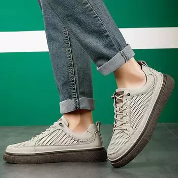 Fashion Genuine Leather Mens All-match Sneakers Breathable Men s Flats Hollow Out skate shoes men Fashion Male Comfortable Outdoor Shoe 37 бежевый