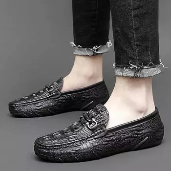 Fashion Genuine Leather Mens Loafers New Slip On Driving Shoes Crocodile pattern Casual Business Shoes Moccasins Driving Zapatos Hombre 38 коричневый