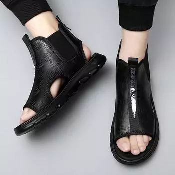 Fashion Genuine Leather Mens Sandals New Hot Sale Rome Shoes Non-slip Male Summer Flats Breathable Casual Shoes High Top Chelsea Sandaly 38 чёрный