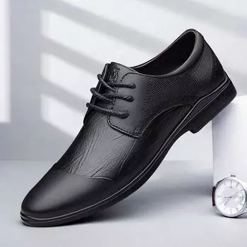 Fashion Genuine Leather Mens Shoes Lace Up Casual Business Footwear Point Toe Office Formal Shoes Luxury Brand Male Oxford Shoes 38 чёрный