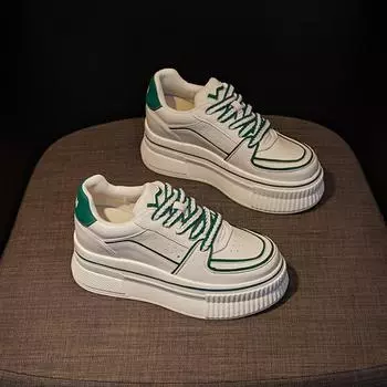 Fashion Genuine Leather Small White Shoes Women s Thick Sole Increase Height Comfortable Sports Shoes Women Design Sense Casual Shoe 34 зелёный