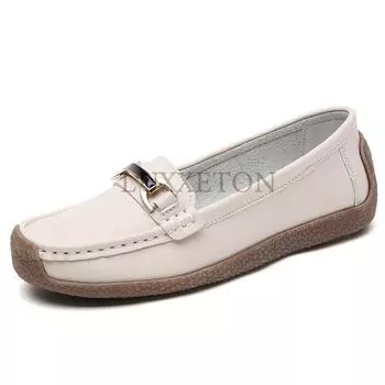 fashion Genuine Leather Women Flats Woman Casual Shoes Luxury Loafers Female Slip-on Boat Shoes Moccasins Big Size 35-44 38 бежевый