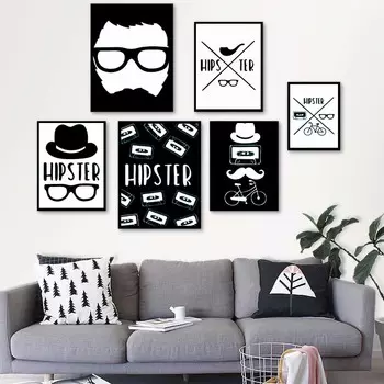 Мода подарок живопись простая шляпа очки черно-белый постер холст картина гостиная коридор кабинет украшение дома фреска без рамки 21*30cm No Frame