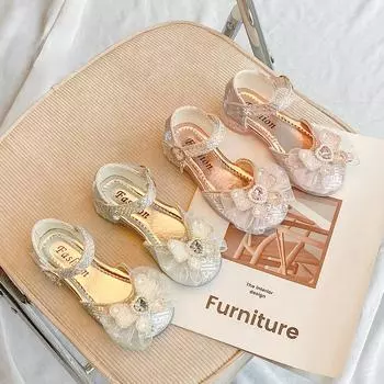 Fashion Girl Shoe 2024New Sweet Rhinestone Sandals Butterfly Princess Shoes Soft Sole Kid Shoe Student Leather Shoe Sandals Girl 26 insole15.5cm синий