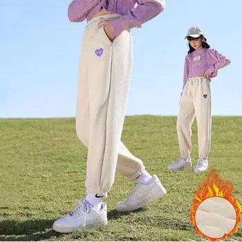 Fashion Girls Loose Corduroy Sweat Pant Fleece Trousers Jogger Pant Children Casual Warm Sport Pants Girl 170cm чёрный