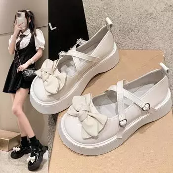 Fashion Girls Shoes Thick Sole Black High Heels Fashion Round Toe Mary Jane Women s Patent Leather Artificial Leather Student Shoes 35 бежевый