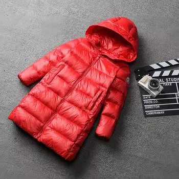 FASHION Глянцевая детская пуховая куртка средней длины выше колена с белым утиным пухом для мальчиков и девочек среднего и старшего возраста для малышей, утепленная зимняя 100Cm recommended weight 12.5 kg чёрный